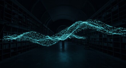 Digital data wave flows through dark, ancient library. Represents knowledge, technology, AI, or future learning.