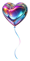 3D Holographic Iridescent Heart Shaped Balloon, reflects red, pink, blue, purple, green, yellow, orange hues with gradient glossy surface, isolated on transparent background, cutout, png.