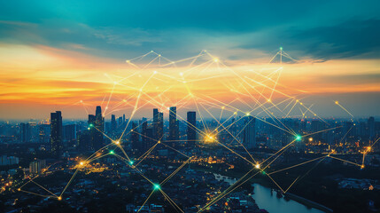 Fototapeta premium Smart city with connection network reciprocity over the cityscape social media networking systems that connects on the peak of success amid tall, innovative Smart city and graphs with statistics