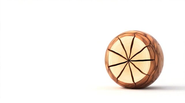 Wooden sphere with segmented design resting on a clean surface, showcasing craftsmanship and simplicity