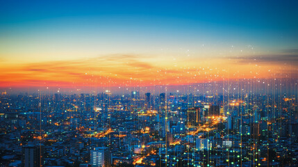 Obraz premium Smart city with connection network reciprocity over the cityscape social media networking systems that connects on the peak of success amid tall, innovative Smart city and graphs with statistics