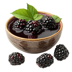 A rustic bowl filled with blackberry jam, topped with fresh blackberries and green leaves, accompanied by additional blackberries beside the bowl. Png, Transparent background.