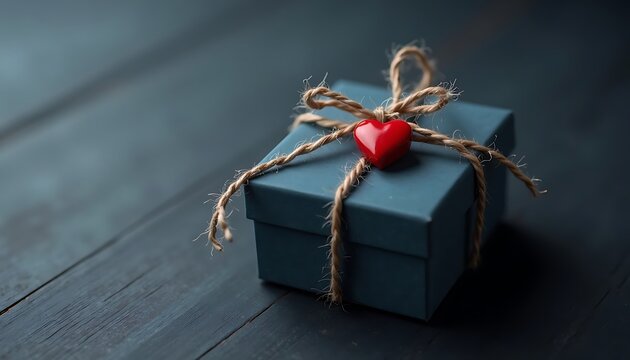 Dark blue gift box with jute rope bow and red heart on wood surface. - Powered by Adobe