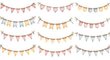 Cute watercolor bunting garlands in gentle pastel colors. Perfect hand-painted decoration for parties, baby showers, or nursery decor.