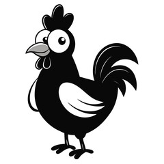 Cartoon rooster with large eyes stands proudly in black and white simplicity