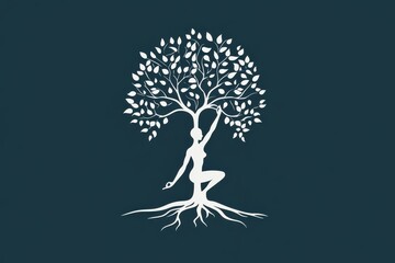 Woman embracing nature under a stylized tree with vibrant leaves, showcasing harmony between humanity and the environment in a serene design