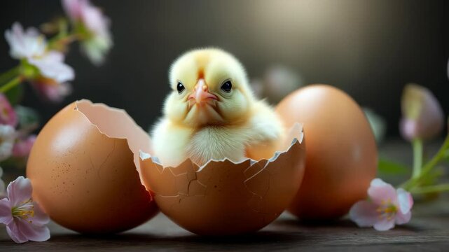 New life emerges as a chick hatches from an eggshell surrounded by delicate blossoms and eggshells