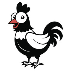 Chicken cartoon with big eyes, red beak, white and black body stands