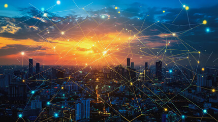 Smart city with connection network reciprocity over the cityscape social media networking systems that connects on the peak of success amid tall, innovative Smart city and graphs with statistics