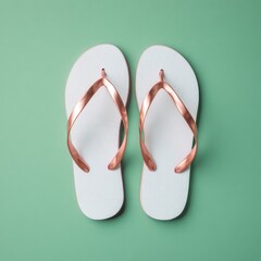 Fototapeta premium Pair of white flip-flops with rose gold accents on a mint green background