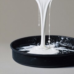 White liquid pouring into a black baking pan