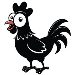 Cartoon black rooster illustration with big eyes is standing and smiling