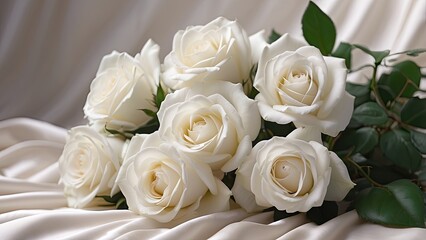Obraz premium Bunch of Delicate White Roses on a Silky Background