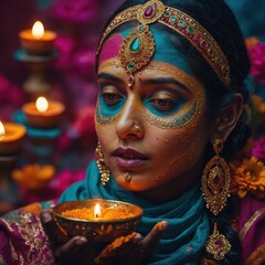Indian Woman with Festive Face Paint Holding Lit Diya Lamp During Celebration