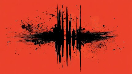 Red and black background with vertical brush stroke line symbolizing sound waves, minimalist yet intense design conveying fear and dark atmosphere