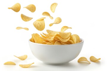 Crispy Potato Chips Falling into a Bowl Delicious Snack Food