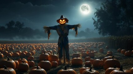 Scarecrow stands tall in a pumpkin patch under a full moon at twilight - Powered by Adobe
