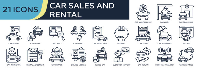 Collection of Car sales and rental icons, related to car rental, car maintenance, car inspection, car seller, car wash and more. Outline icons vector illustation.