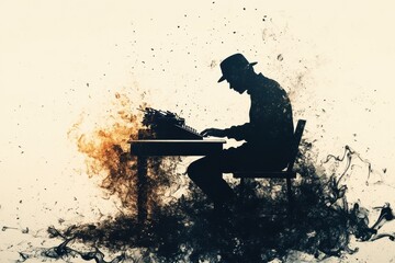 Creative writer immersed in thoughts typing on a vintage typewriter with artistic smoke and splashes of color surrounding him in a quiet room during the evening hours
