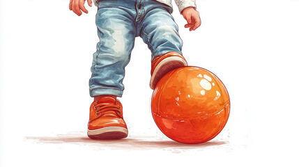A young boy, wearing jeans and orange shoes, steps on an inflatable ball.
