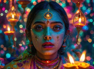 Indian Girl with Festive Makeup and Jewelry Holding Lit Candles for Celebration