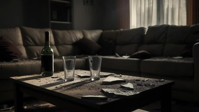 Messy living room with empty wine bottle and shattered glass scattered during late evening hours