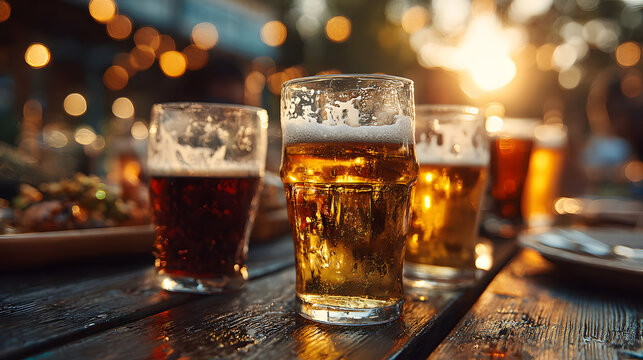 Raise a glass of beer at the table in honor of International Beer Day. Concept: Pint glasses, cheers gesture, beer tasting, international beer day, and beer brands