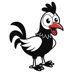 Black and white cartoon rooster with big eyes looks surprised on white background