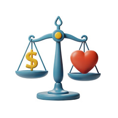 3D Work-Life Balance Icon - Scales Balancing Money and Heart, Health vs Career Symbol, Isolated on Transparent Background PNG