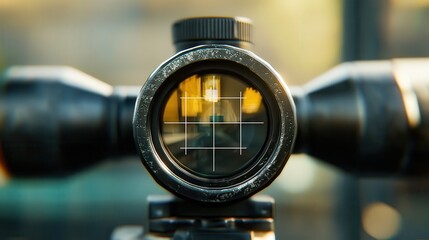 Close up view of a rifle scope with crosshairs showing a blurred background and aiming reticle view