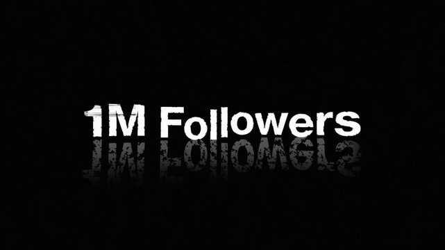 1 million followers 1M  Typography lettering Text notification with digital glitch distortion effect. Seamless loop animation isolated black background, intro outro displacement screen animated, 