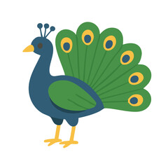 A colorful cartoon peacock with a fanned tail.