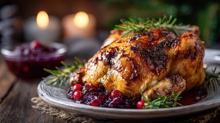 Roasted Chicken with Cranberry Sauce and Green Garnish on Plate