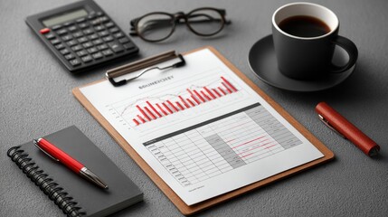 Business Workspace with Charts, Coffee, and Office Supplies