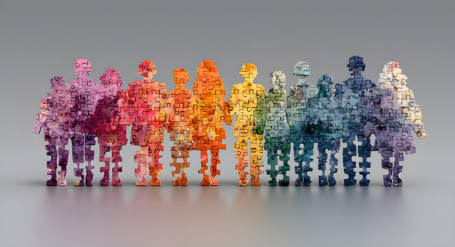 Colorful puzzle pieces form diverse group of people. Concept of teamwork, business structure. Visualizes company departments, teams. Illustrates hiring new employees. Emphasizes cooperation,