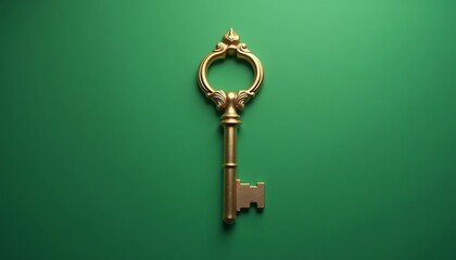 Elegant golden key isolated on green background. Nobody present.