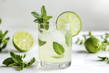 Fototapeta premium Refreshing mint lime mojito with ice and fresh ingredients on white background