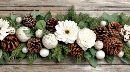 Festive holiday decoration with pinecones, white flowers, and ornaments on wooden surface