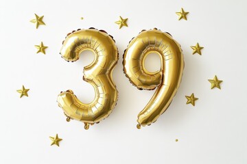 Golden 39 balloons with stars on white background for celebrations and anniversaries