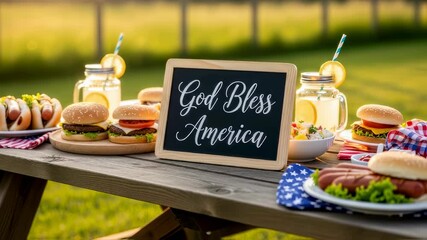 Picnic table with burgers, hot dogs, and a God Bless America sign, symbolizing Independence Day celebration footage.