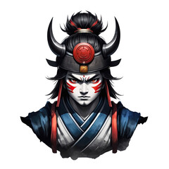 Naklejka premium Samurai warrior illustration japanese art with helmet and red face paint design on transparent background
