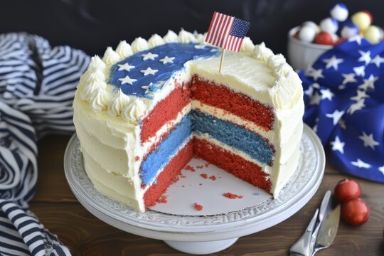 Patriotic layered cake with american flag theme and festive decoration