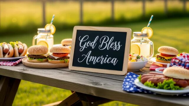 Picnic table with burgers, hot dogs, and a God Bless America sign, symbolizing Independence Day celebration footage. - Powered by Adobe