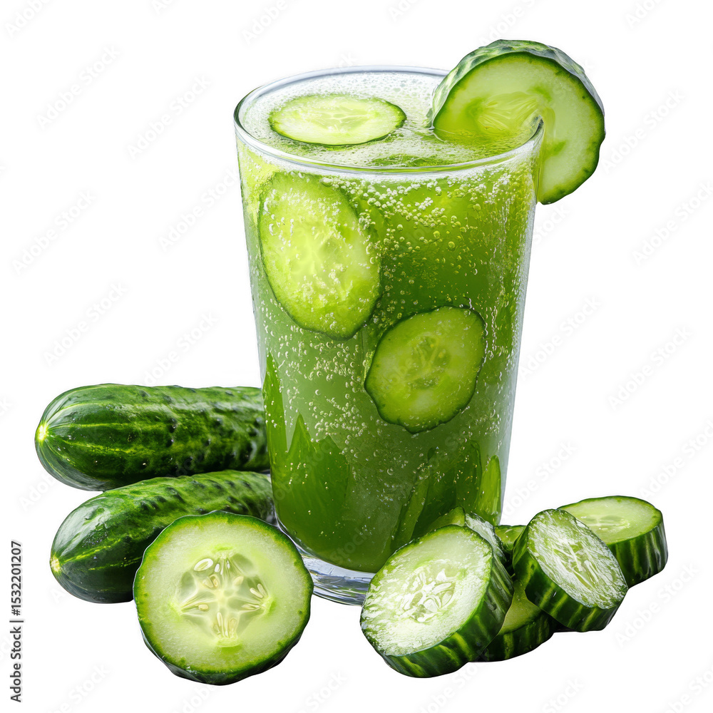 Poster a glass of sparkling cucumber juice garnished with cucumber slices and surrounded by whole and slice