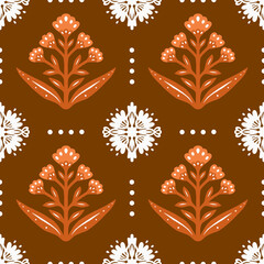 Floral repeat seamless pattern in brown and white colors. Geometrical symmetrical abstract flowers and white mandala  lace ornaments in block print inspired endless backdrop