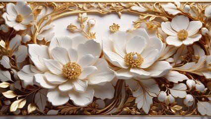 Elegant White Flowers Golden Accents Floral Art Wall Decor
