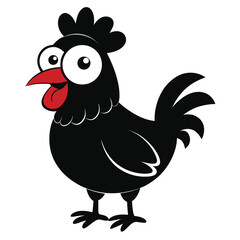 Whimsical black cartoon chicken happily sticks its tongue out towards the viewer on white