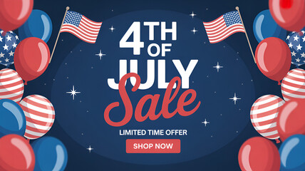 Fourth of july sale event with american flag balloons and stars patriotic celebration limited time offer