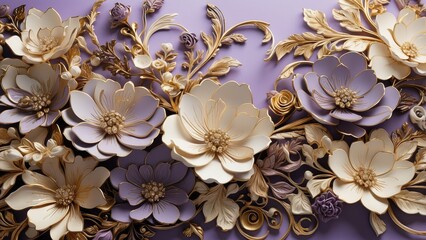 Artistic Floral Arrangement with Lavender Background and Gold Details