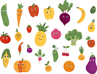 Set of cute fruit and vegetable characters in kawaii style. Cartoon smiling fruit and vegetable faces.